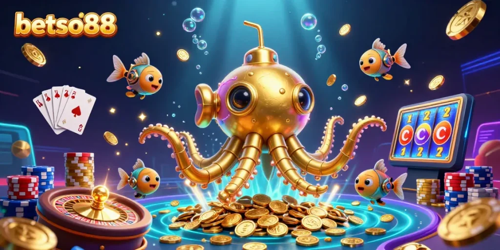 Experience thrilling adventures with betso88's exciting golden kraken submarine and dynamic casino elements.
