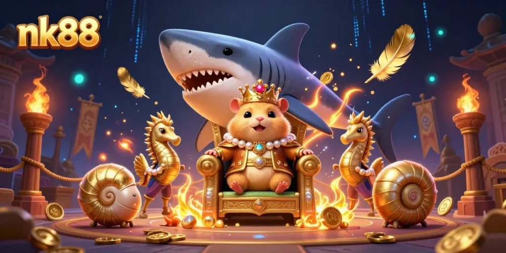 nk88 showcases an epic casino battle scene with a hamster king on his megalodon throne, surrounded by luxury elements.
