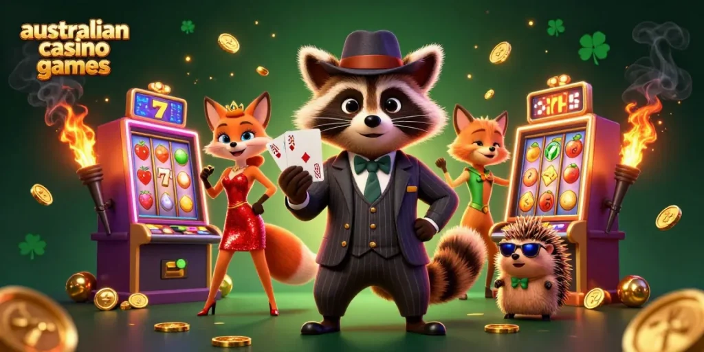 Experience the thrill of australian casino games with a lively raccoon and friends amidst dazzling slot machines.