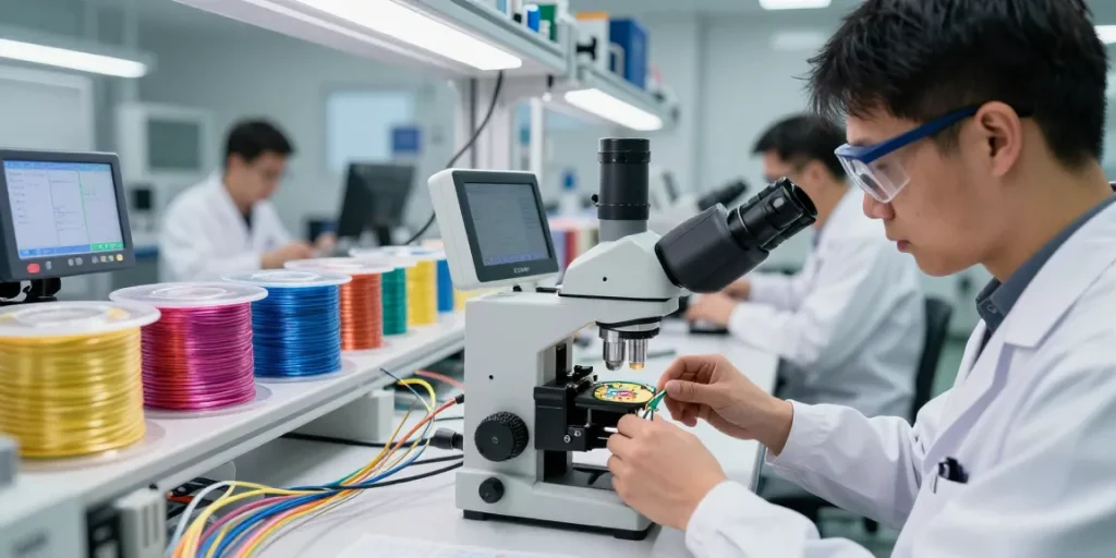Technician assembling fc fiber optic cables in a modern lab for high-quality connectivity.