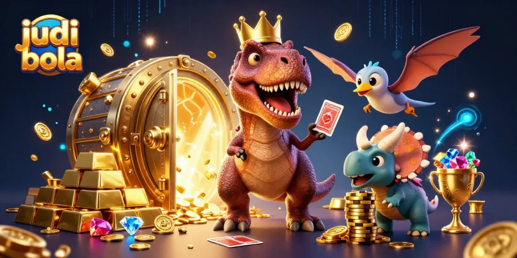 Engage in judi bola action with T-Rex card shuffling, surrounded by gleaming casino treasures.