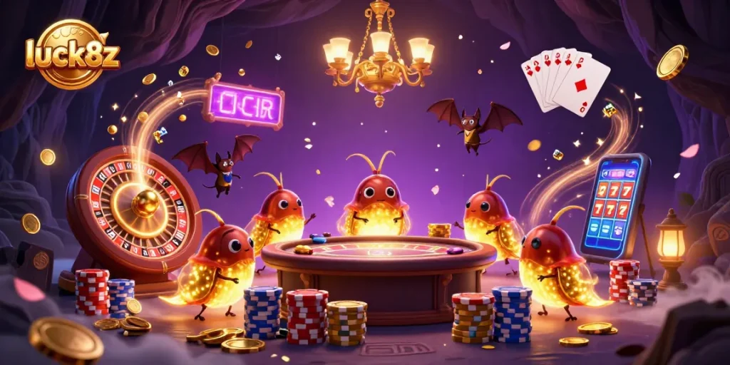 Engage with luck8z in a vibrant cave casino scene filled with spinning roulette wheels and golden treasures.