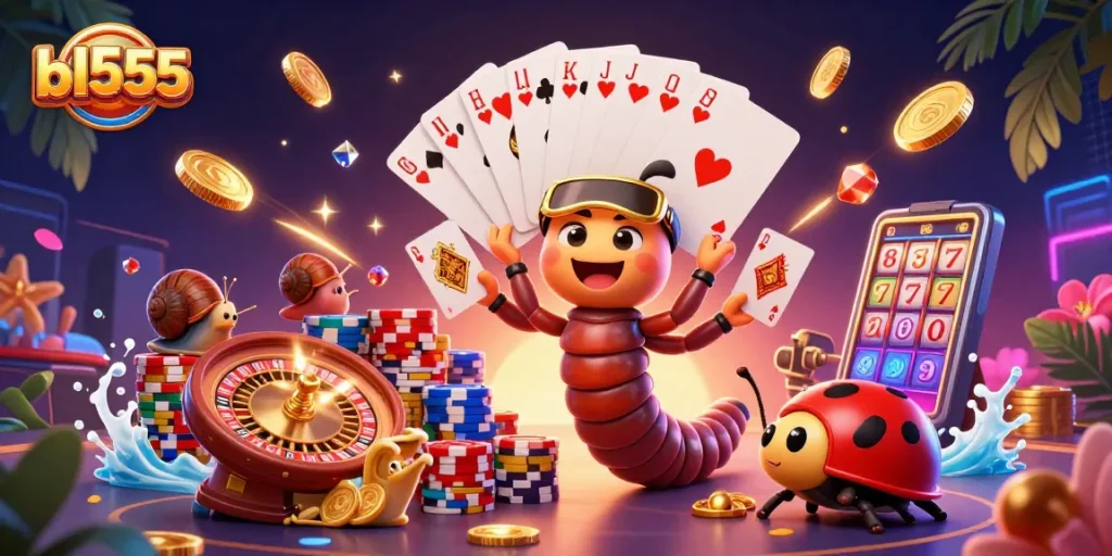 Experience thrilling gameplay at bl555 with a colorful 3D illustration showcasing casino excitement.