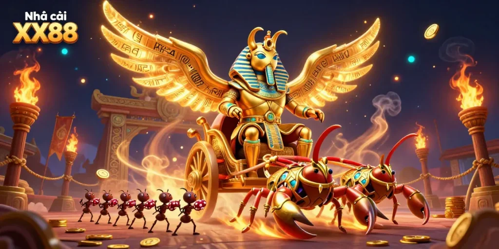 Engage with Nhà cái XX88 through vibrant 3D casino artwork featuring a pharaoh beetle, scorpions, and poker chips.
