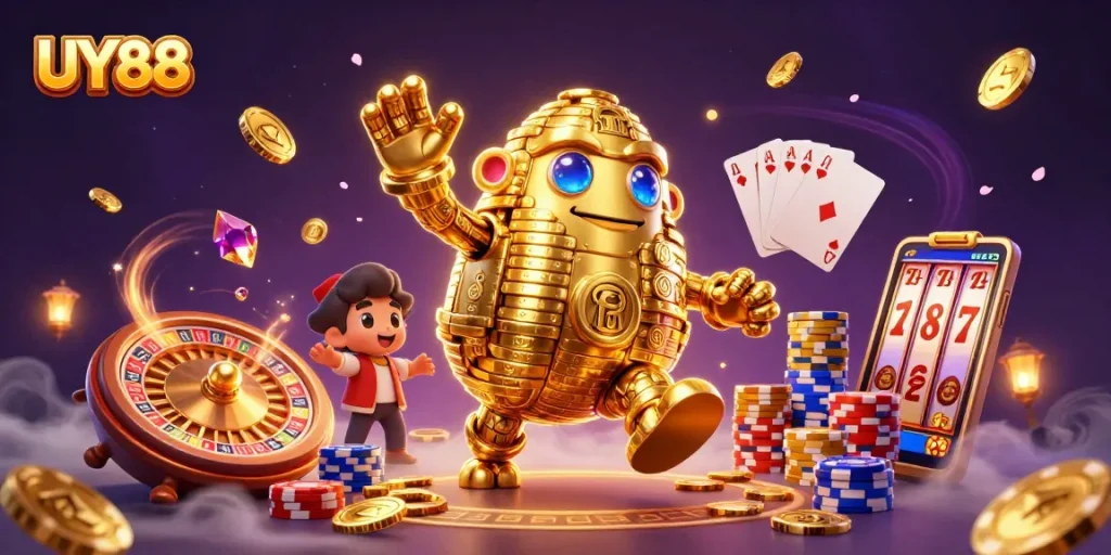 Experience UY88's innovative casino adventure with a golden golem amidst magical gaming elements.