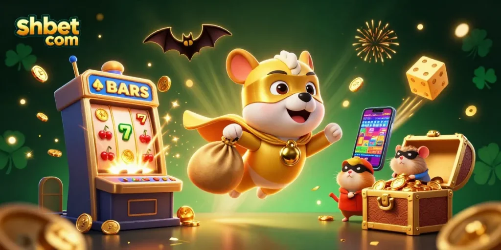 Win big with shbet com featuring a superhero dog flying over a vibrant casino scene with jackpot elements.