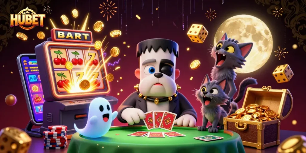 Experience thrilling gameplay at HUBET with a lively 3D casino scene featuring unique characters and gaming elements.