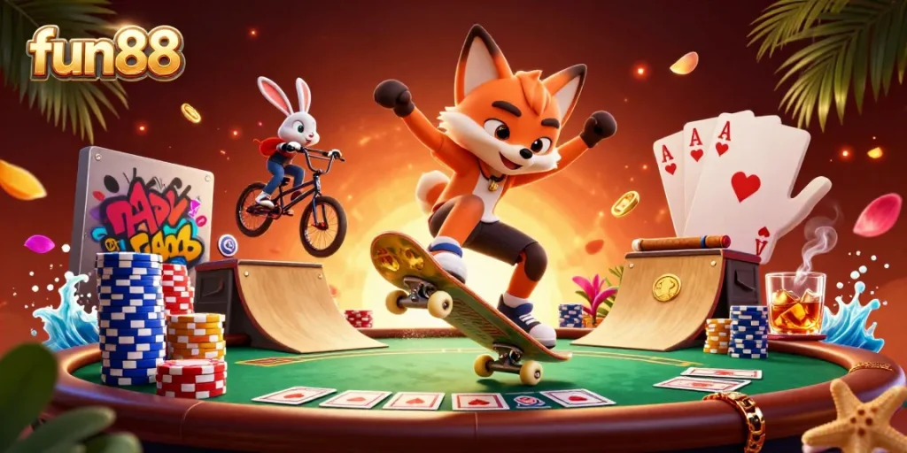 Experience fun88 excitement with a vibrant 3D scene featuring cartoon critters engaging in gambling action.