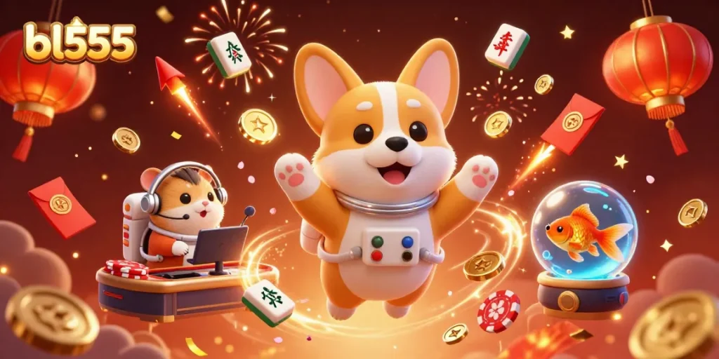 Experience top-notch gaming excitement at bl555 with floating coins and festive elements in an immersive casino