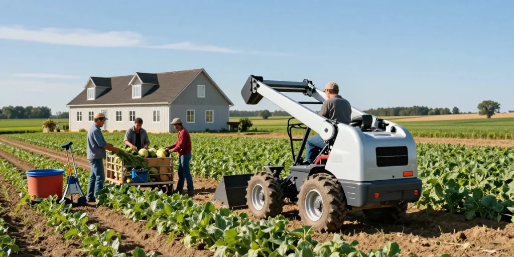 Best farm electric loader in action as a farmer works in a vibrant agricultural landscape.