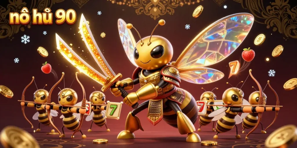Experience the thrill of nổ hũ 90 with a vibrant 3D illustration featuring golden hornet warriors and dynamic slot elements.