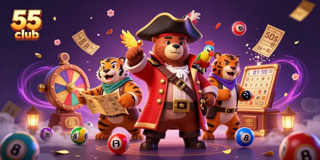 Engage with the thrilling 55 club lottery scene filled with vibrant elements and characters
