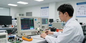 Engineer using a digital oscilloscope to test electrical signals in a professional lab setting with tools and components.