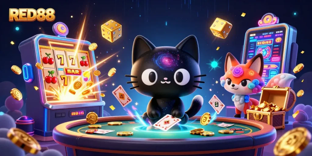 Experience thrilling gameplay at RED88 with a cosmic cat and colorful fox at a vibrant casino table.
