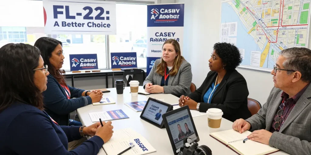 Casey Askar campaign meeting with diverse voters discussing local issues and solutions.