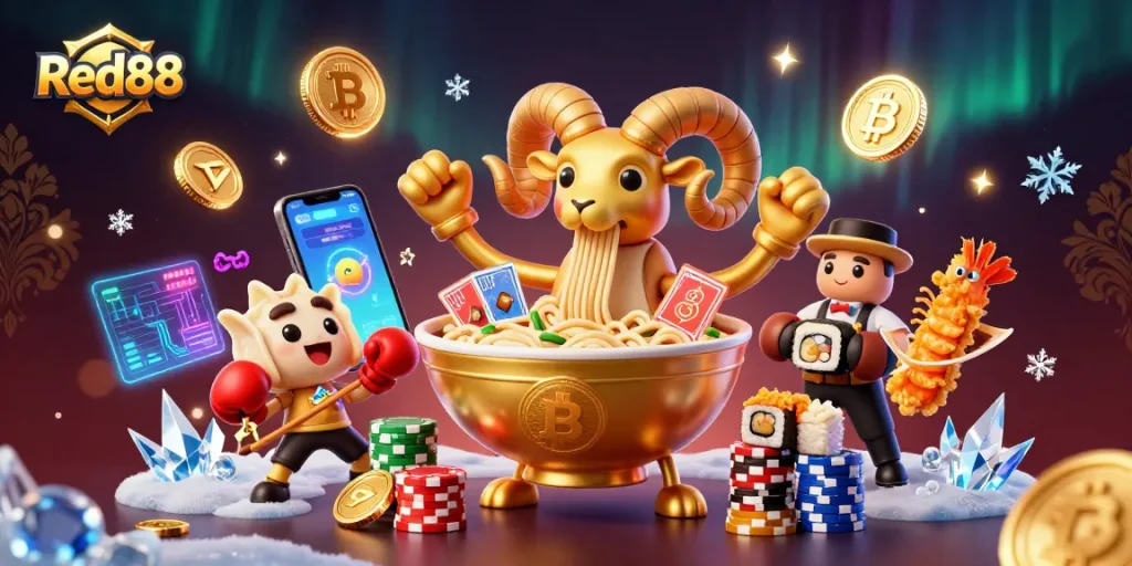Experience Red88's thrilling casino adventures with animated characters and crypto elements.