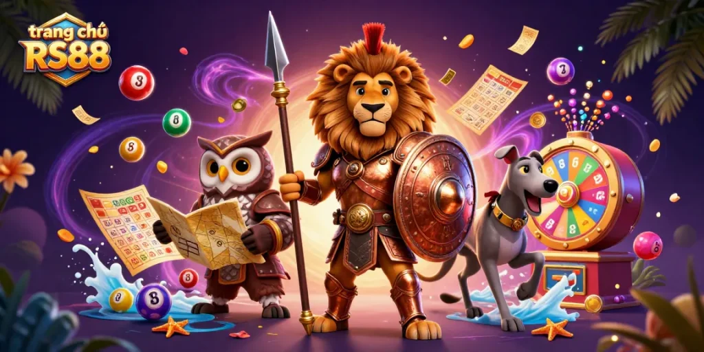 Experience a vibrant scene at trang chủ RS88 with colorful lottery elements and engaging characters.